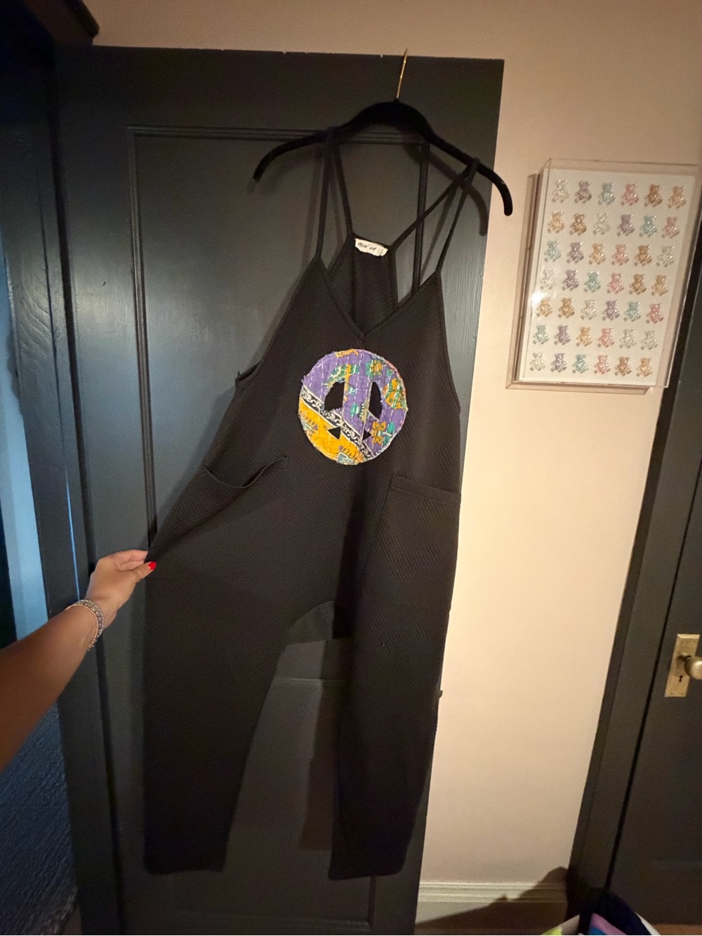 Black Women's Jumpsuit with Custom Embroidered Peace Sign - boutique